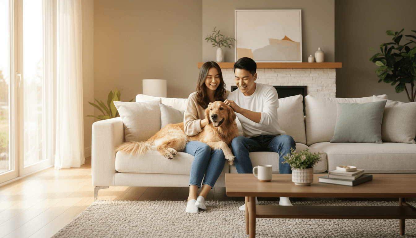 Happy young couple relaxing on a sofa with their dog in a bright modern living room