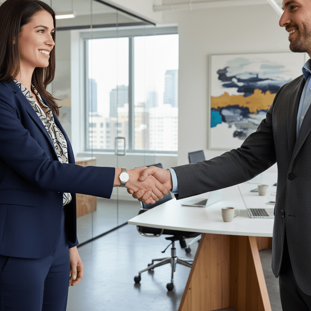 Two professionals confirming a partnership with a handshake in a contemporary office