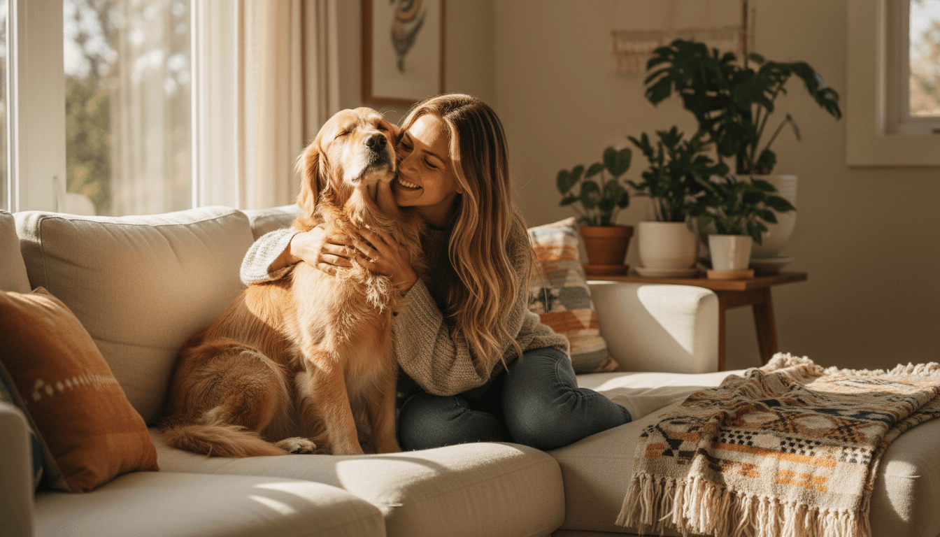 Pet owner embracing a dog on a couch at home in warm natural light