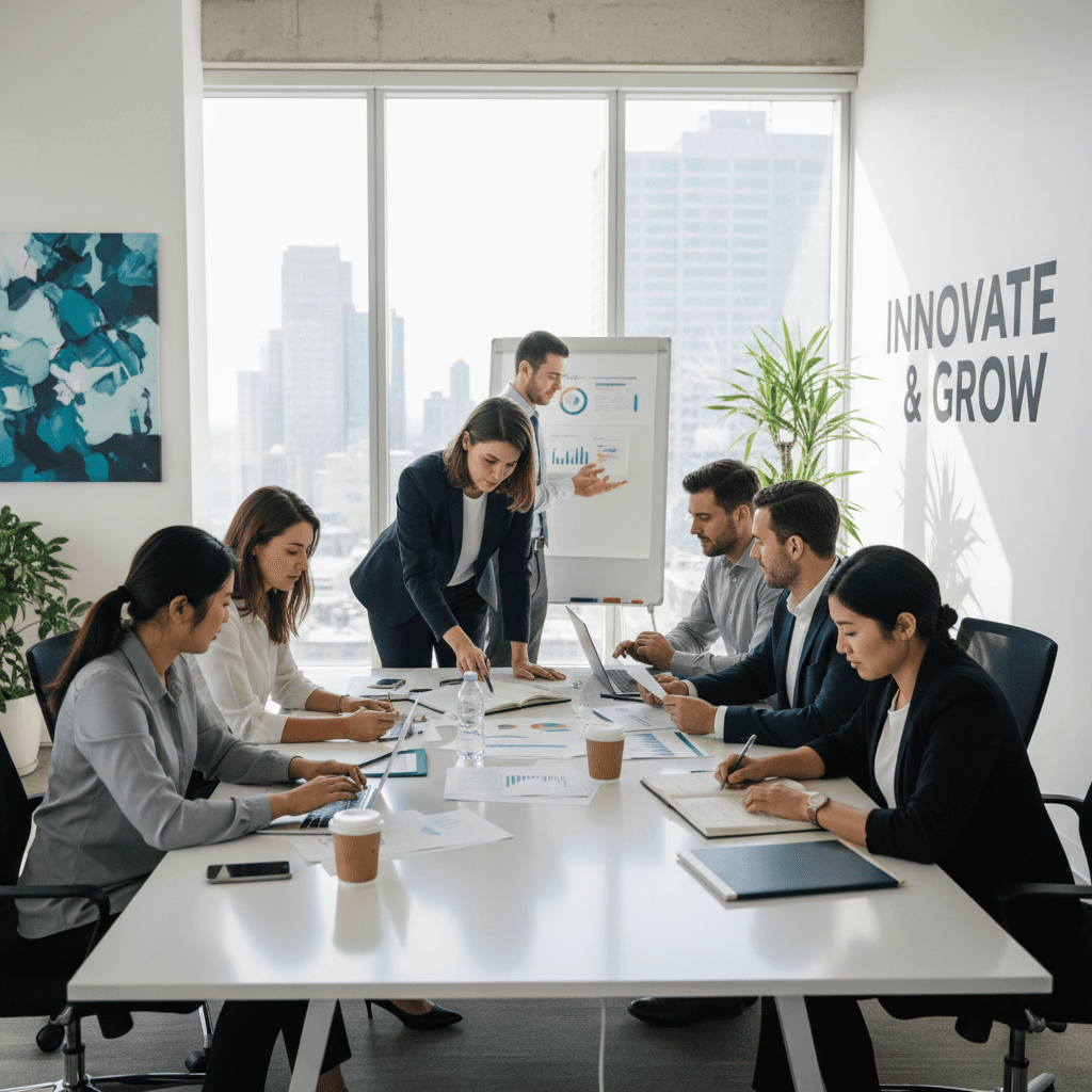 Brand strategists reviewing a pet humanisation roadmap document around a bright office table
