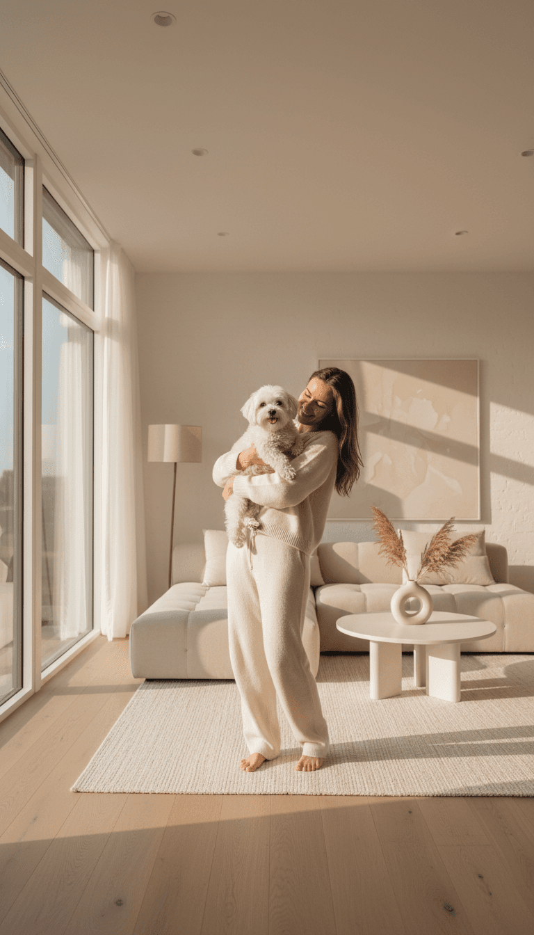 Person holding a small dog in a bright modern living room