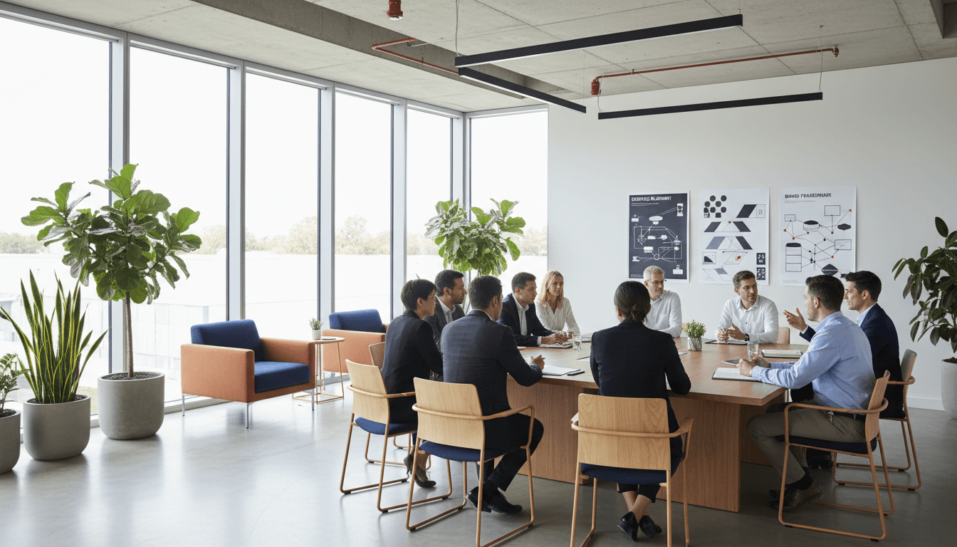 Indonesian brand managers in a modern meeting room having a strategic discussion, warm natural light, professional atmosphere