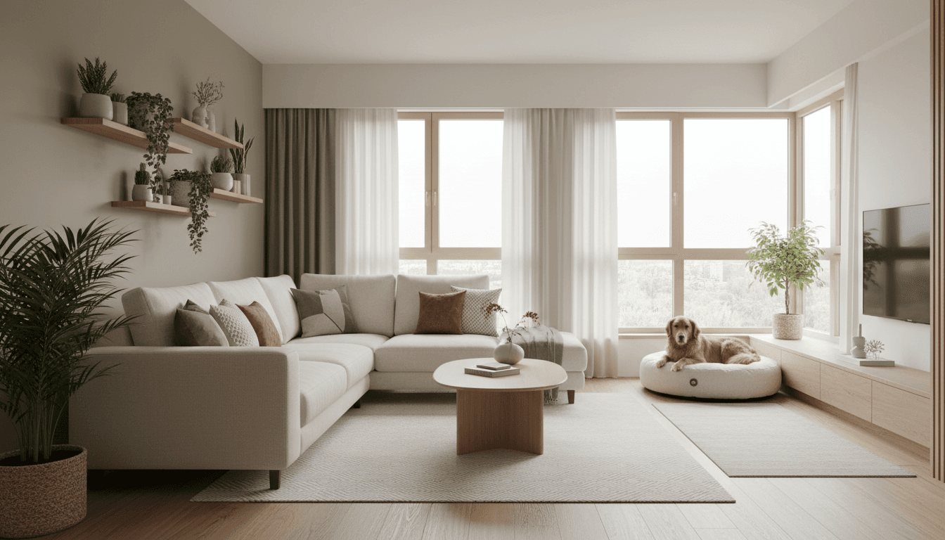Elegant pet owner embracing dog in bright modern living room natural light