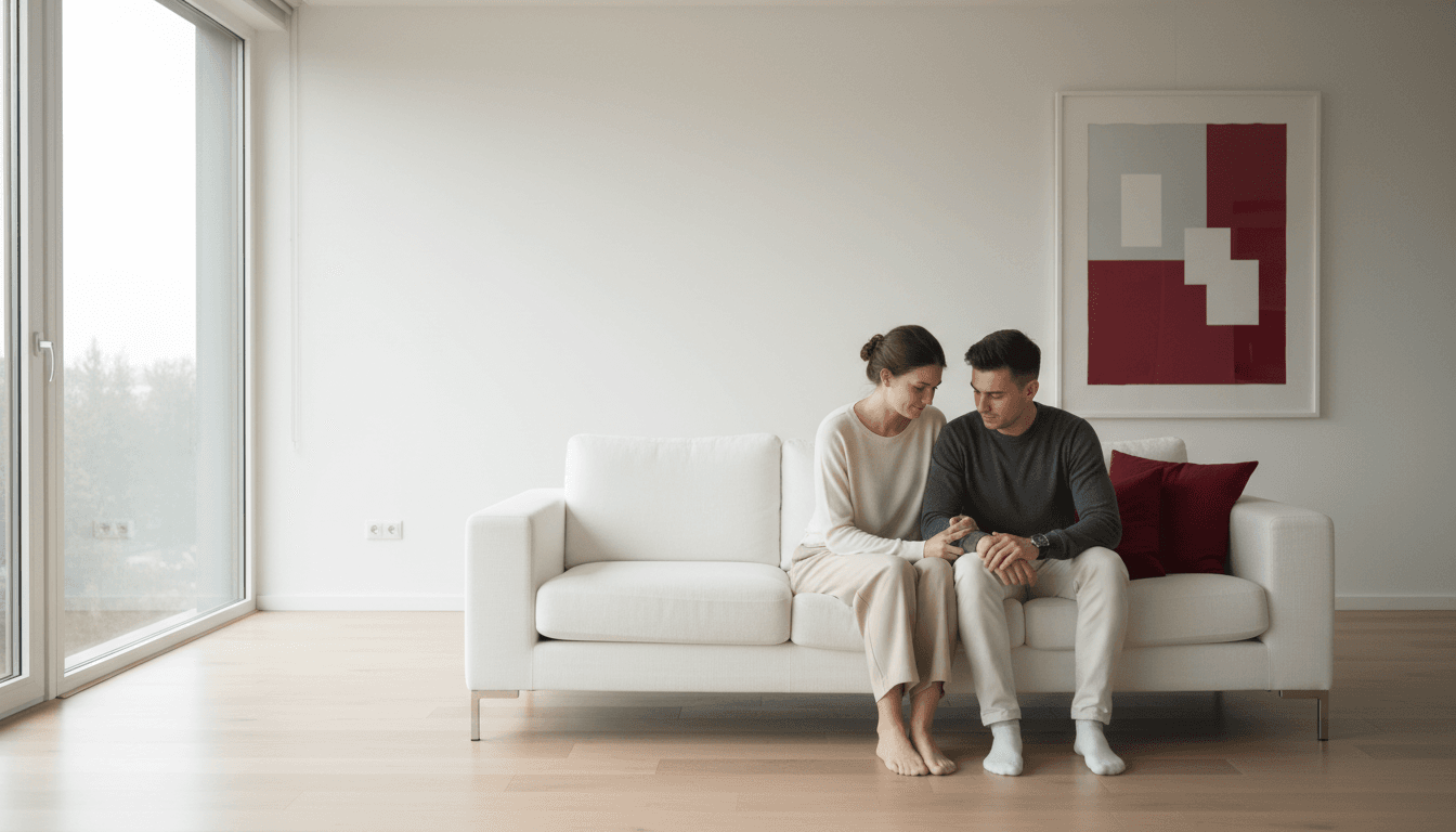 Woman sitting on couch at home with her dog resting on her lap, warm natural light, modern living room