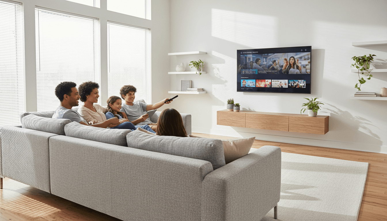 Family relaxing at home with their dog and cat in a modern living room