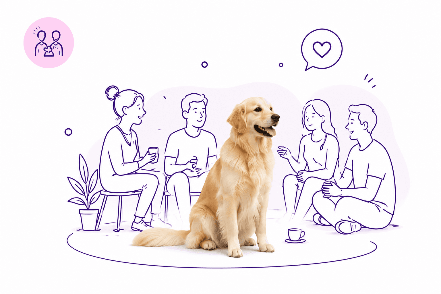 Realistic golden retriever sitting amidst purple line art illustrations of people socializing together.