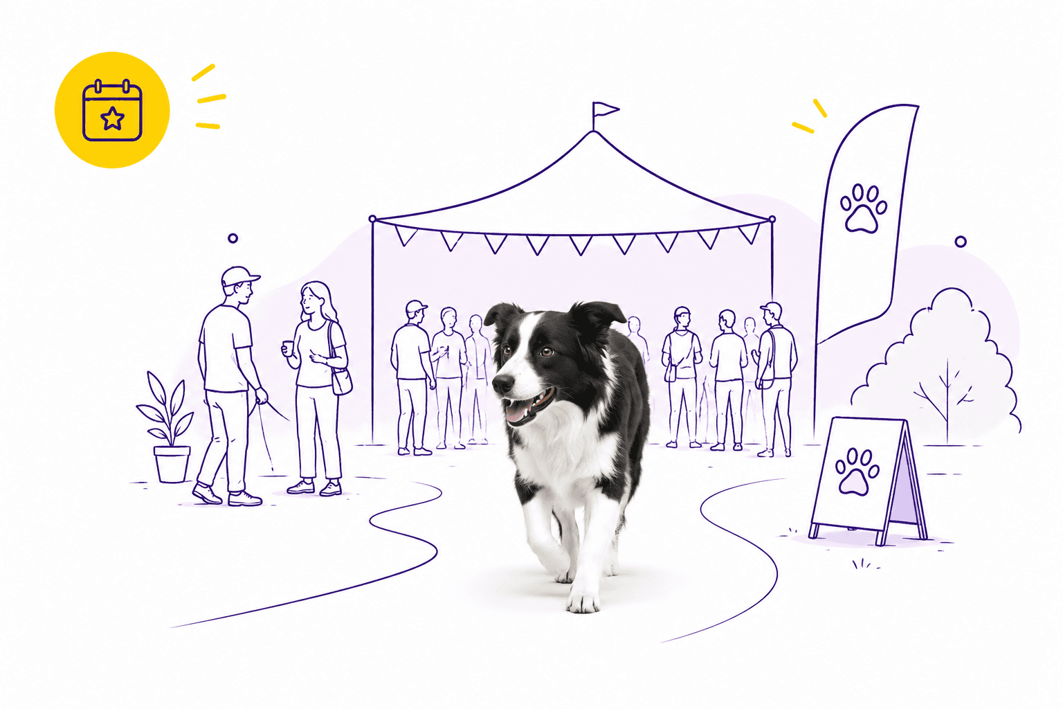 Realistic Border Collie walking through a purple line drawing of a community pet event.