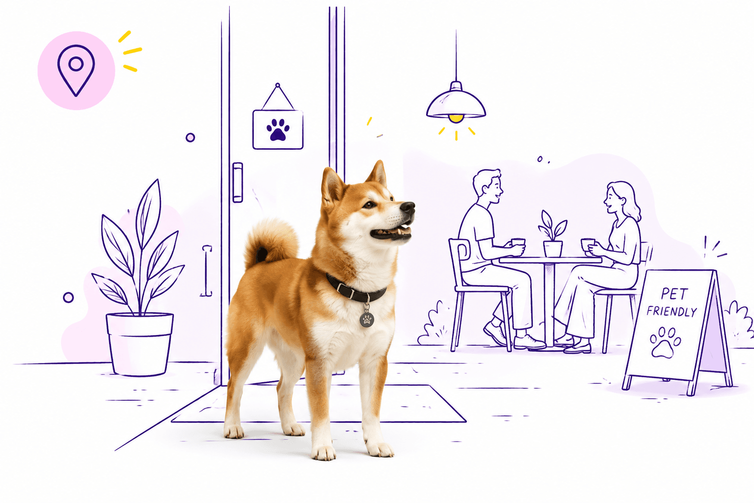 Realistic Shiba Inu dog standing in a purple line-art illustration of a pet-friendly cafe.