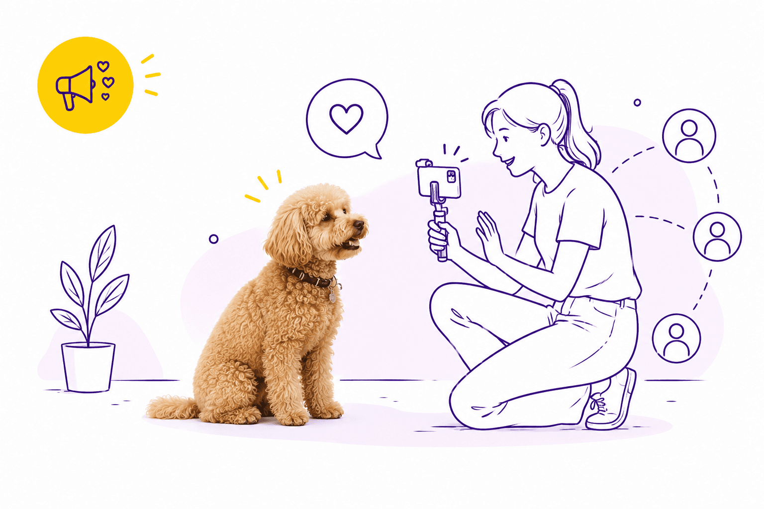 Line-drawn woman recording a real brown poodle with a smartphone, surrounded by social media icons.